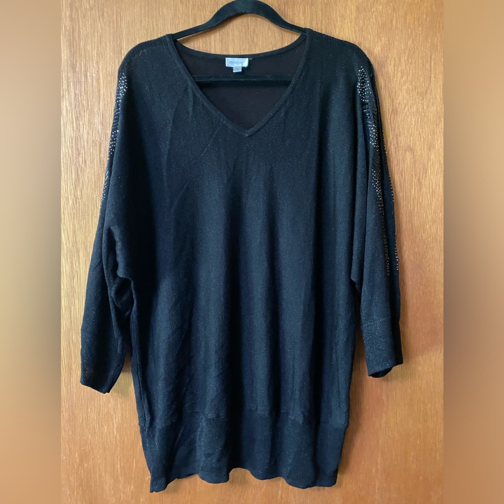 Black Sparkle V-Neck Tunic Sweater with Beaded Sleeves and Keyhole Opening